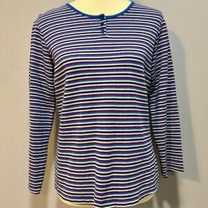 Vtg 90s Striped Ribbed Stretchy Henley Top Blue Purple Black, Women's Size M